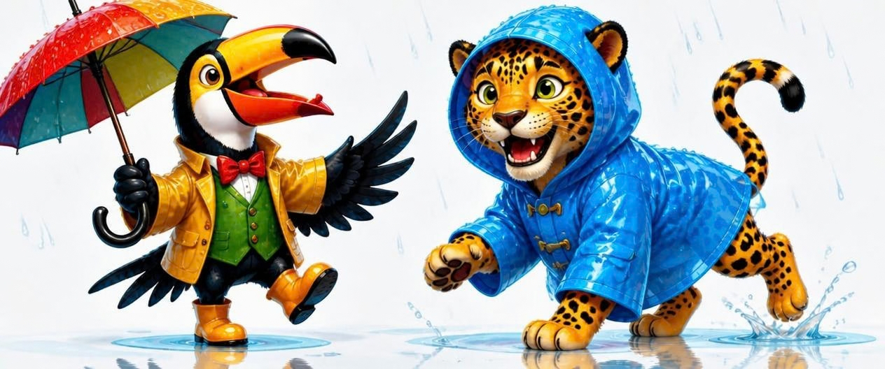 Ilustración de un tucán con paraguas y un jaguar con impermeable azul bajo la lluvia